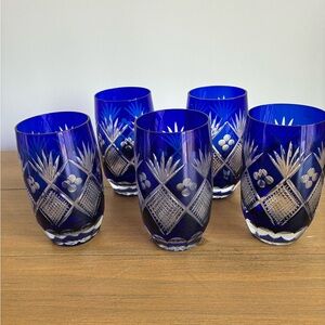 Japanese Edo Kiriko Cut Glass Blue Tumblers Set Of 5